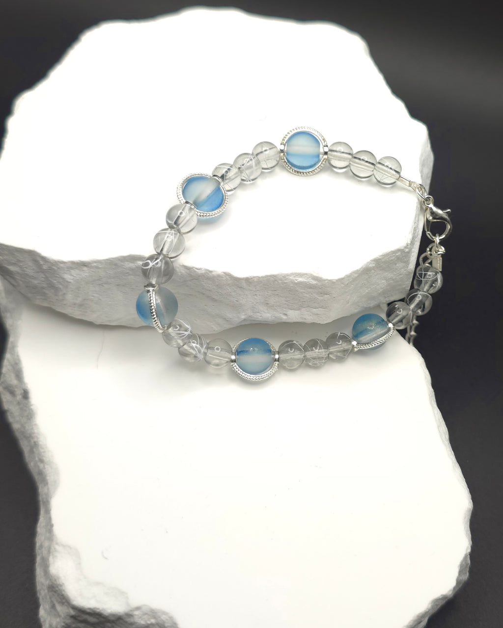 Blue and Grey Painted Glass Beaded Bracelet