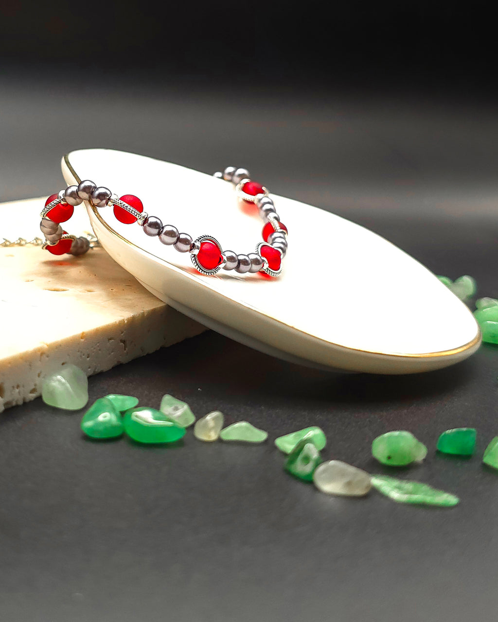 Crimson and Silver Glass Beaded Bracelet