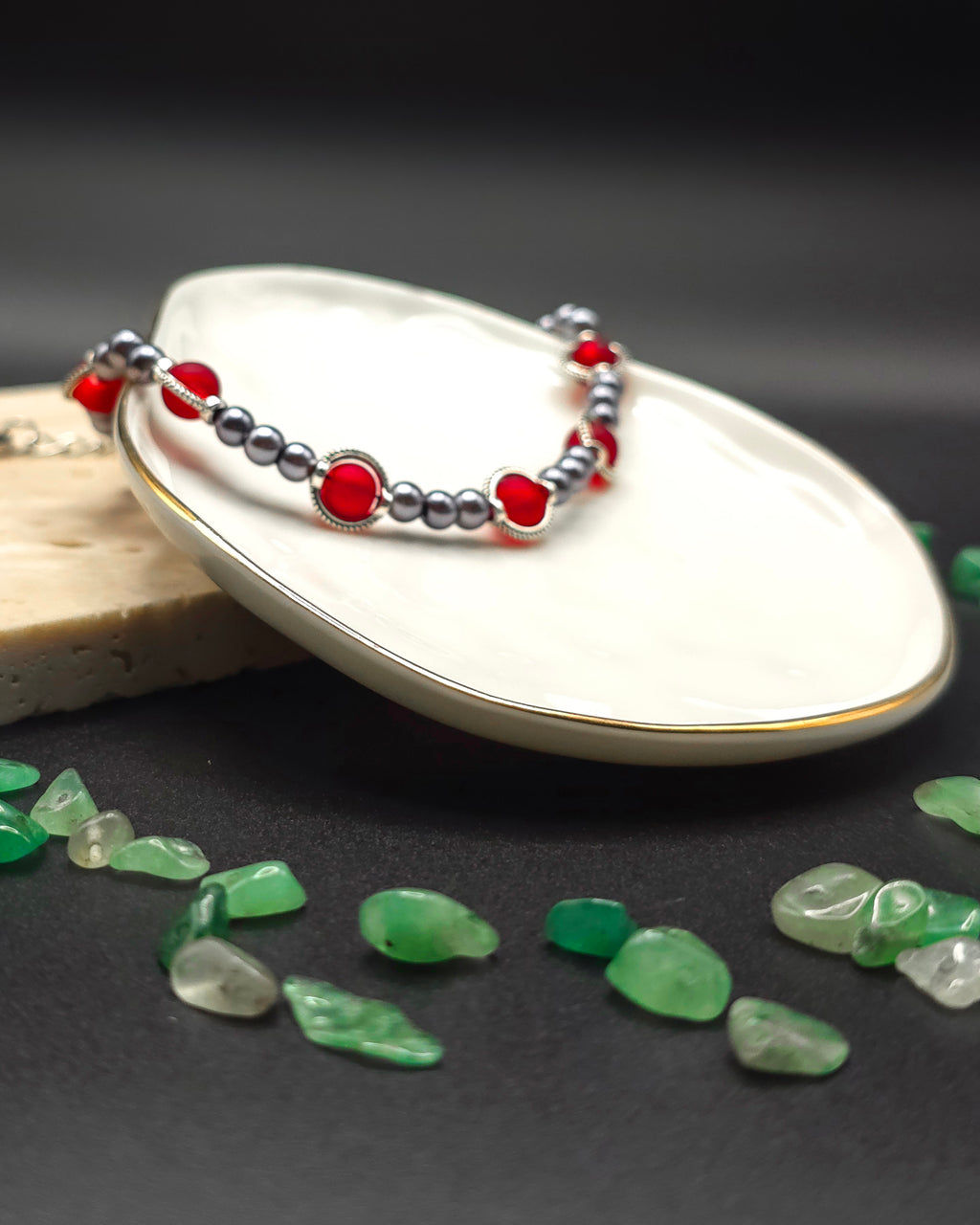 Crimson and Silver Glass Beaded Bracelet