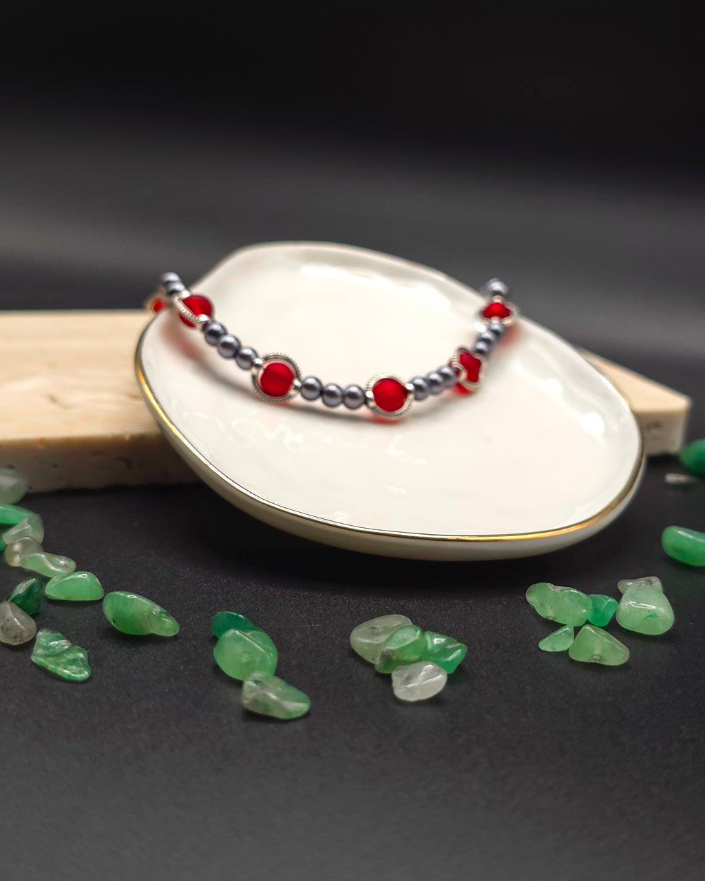 Crimson and Silver Glass Beaded Bracelet