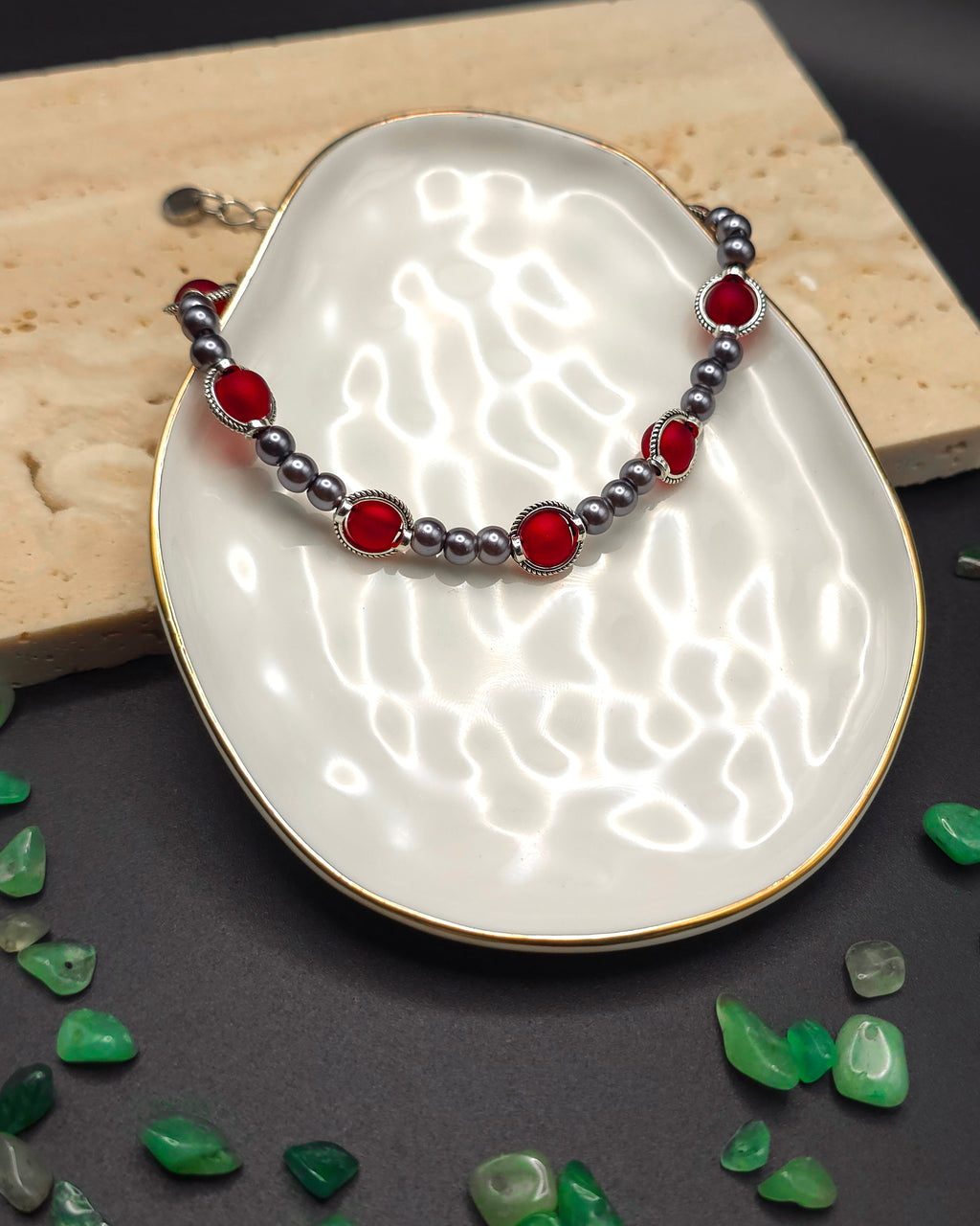 Crimson and Silver Glass Beaded Bracelet