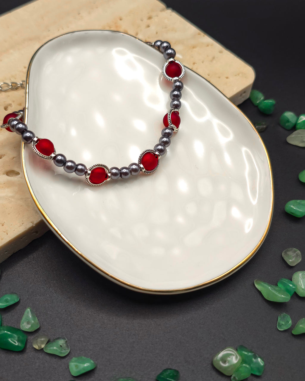 Crimson and Silver Glass Beaded Bracelet