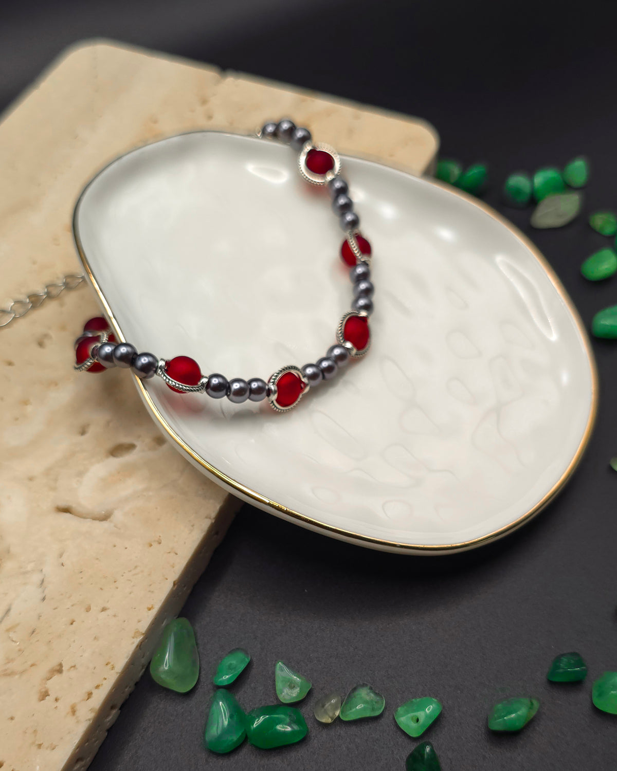 Crimson and Silver Glass Beaded Bracelet