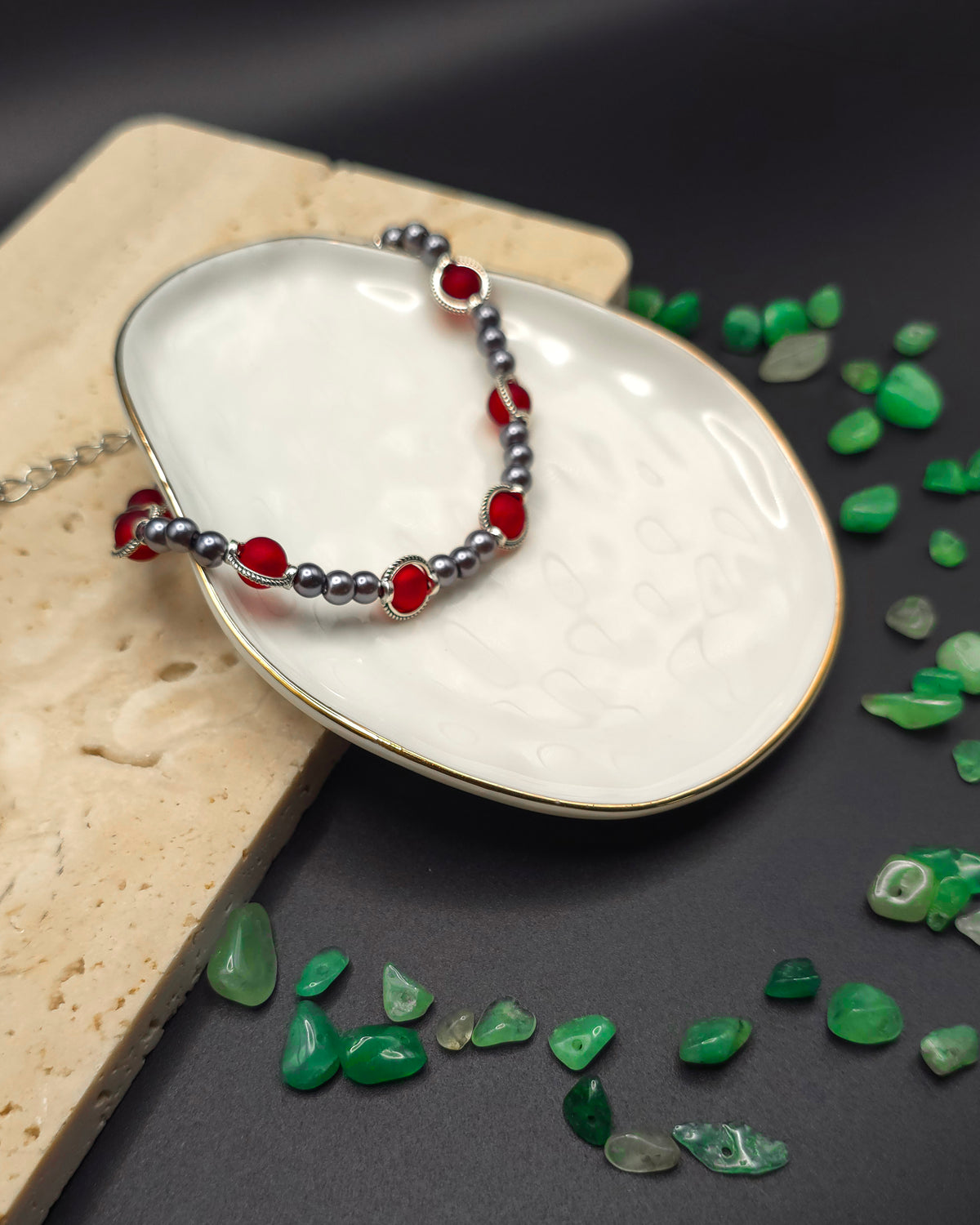 Crimson and Silver Glass Beaded Bracelet
