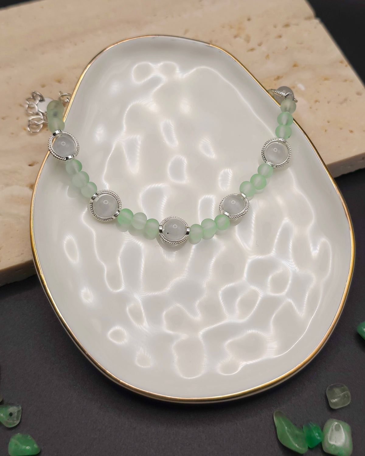 Grey and Green Glass Beaded Bracelet