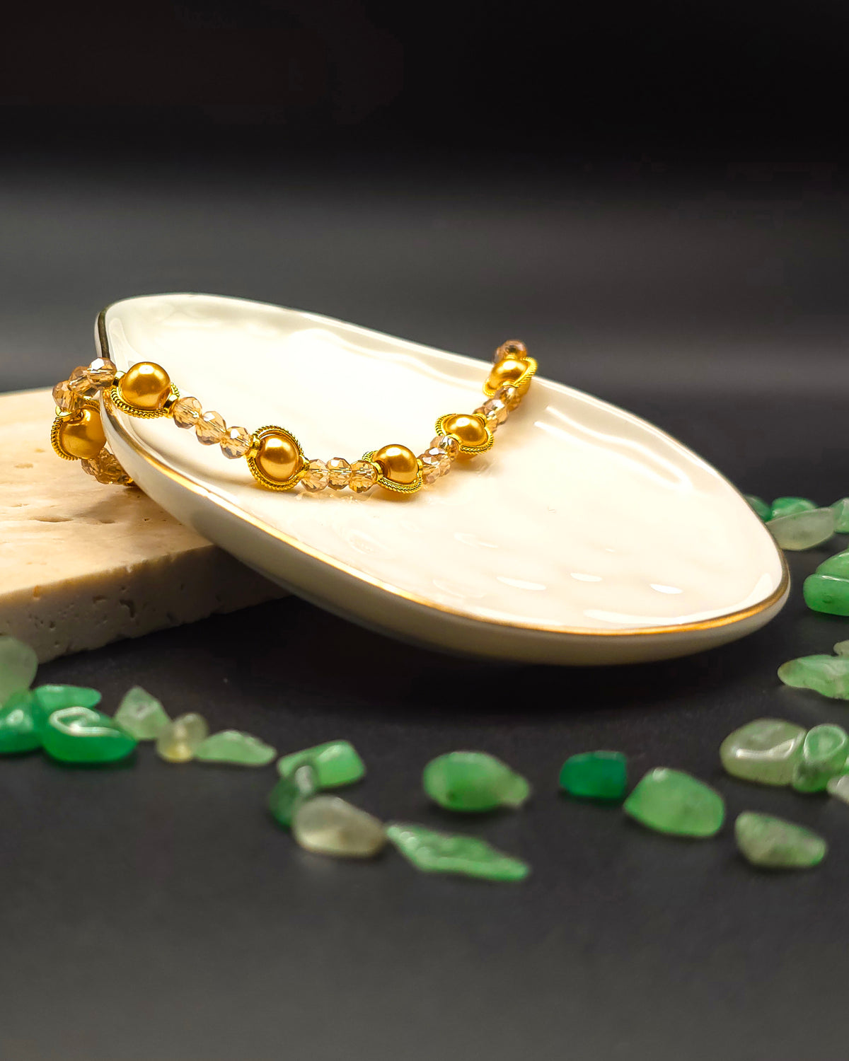 Gold and Brown Glass Beaded Bracelet