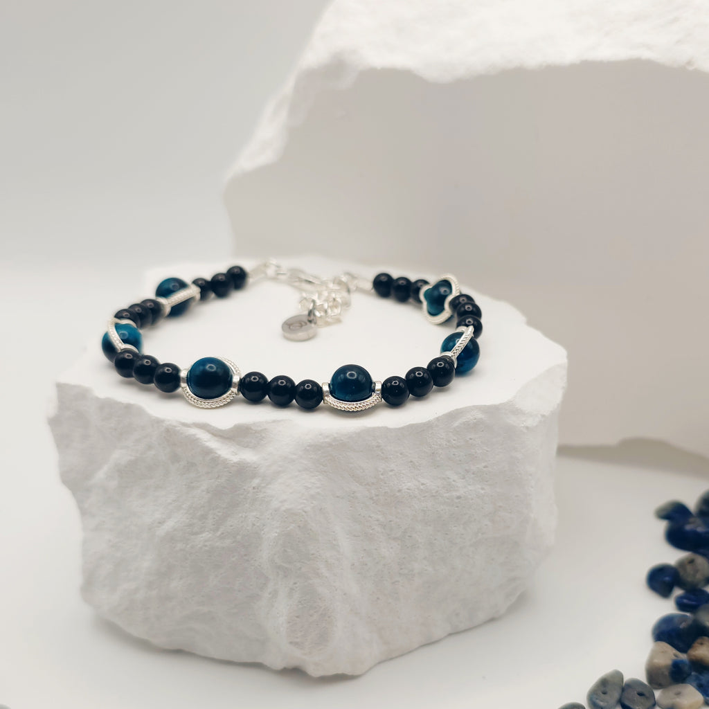 Aquamarine Tigers Eye & Onyx Beaded Bracelet [For Earthly Resilience]