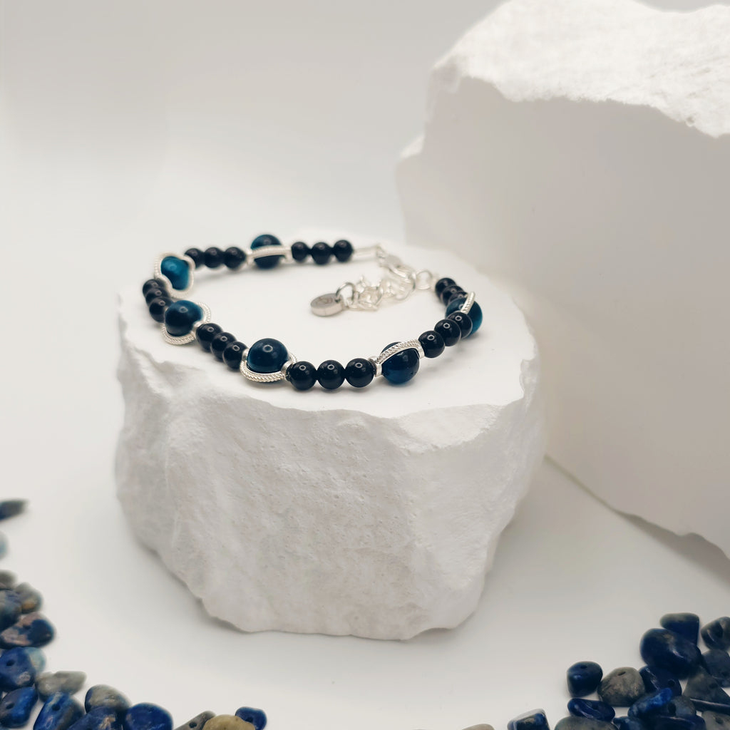 Aquamarine Tigers Eye & Onyx Beaded Bracelet [For Earthly Resilience]