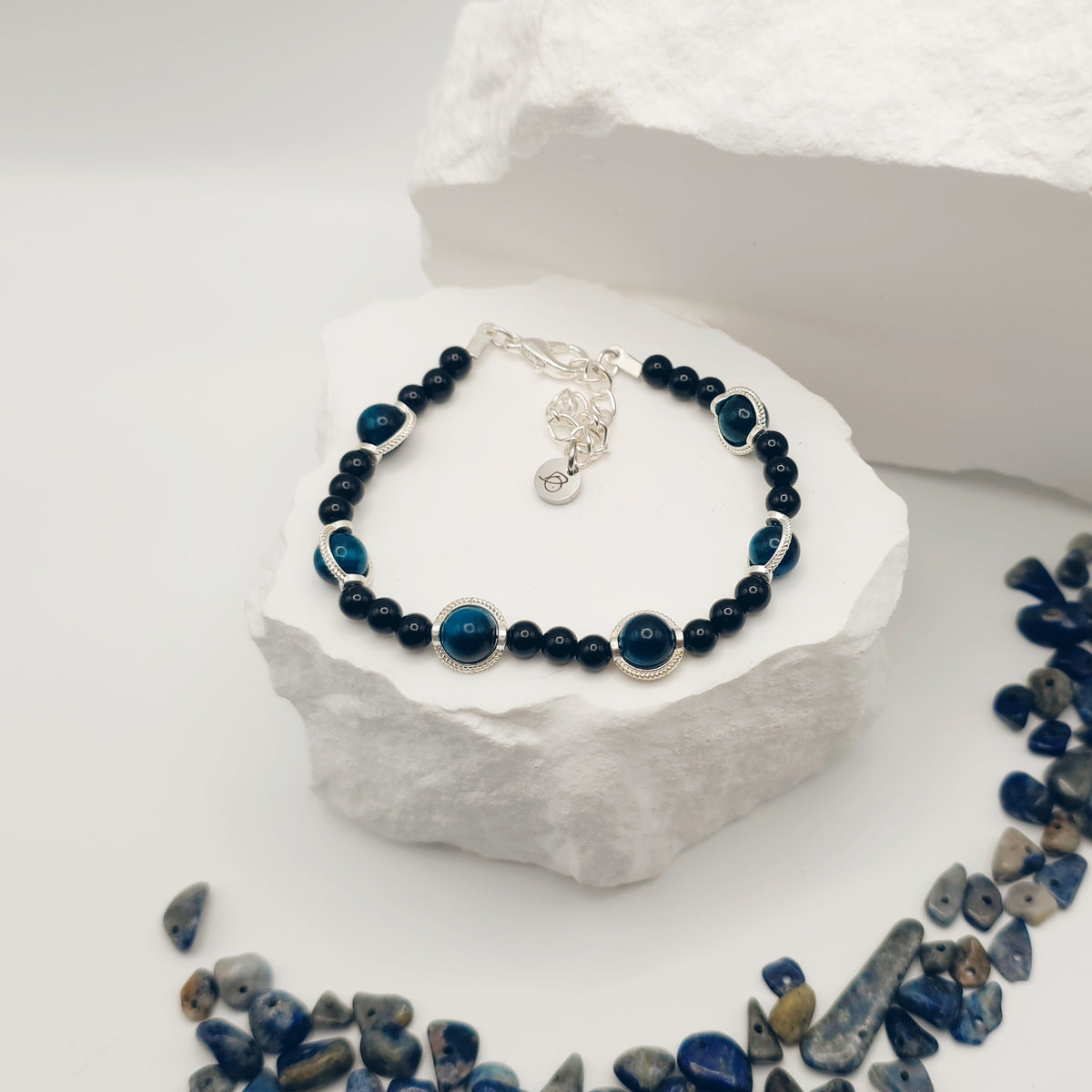 Aquamarine Tigers Eye & Onyx Beaded Bracelet [For Earthly Resilience]