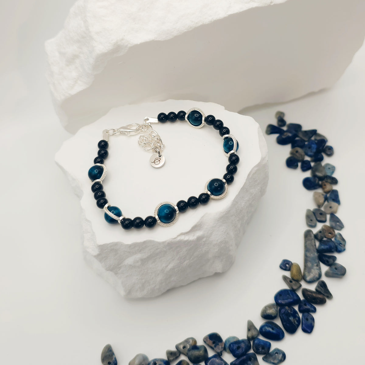 Aquamarine Tigers Eye & Onyx Beaded Bracelet [For Earthly Resilience]