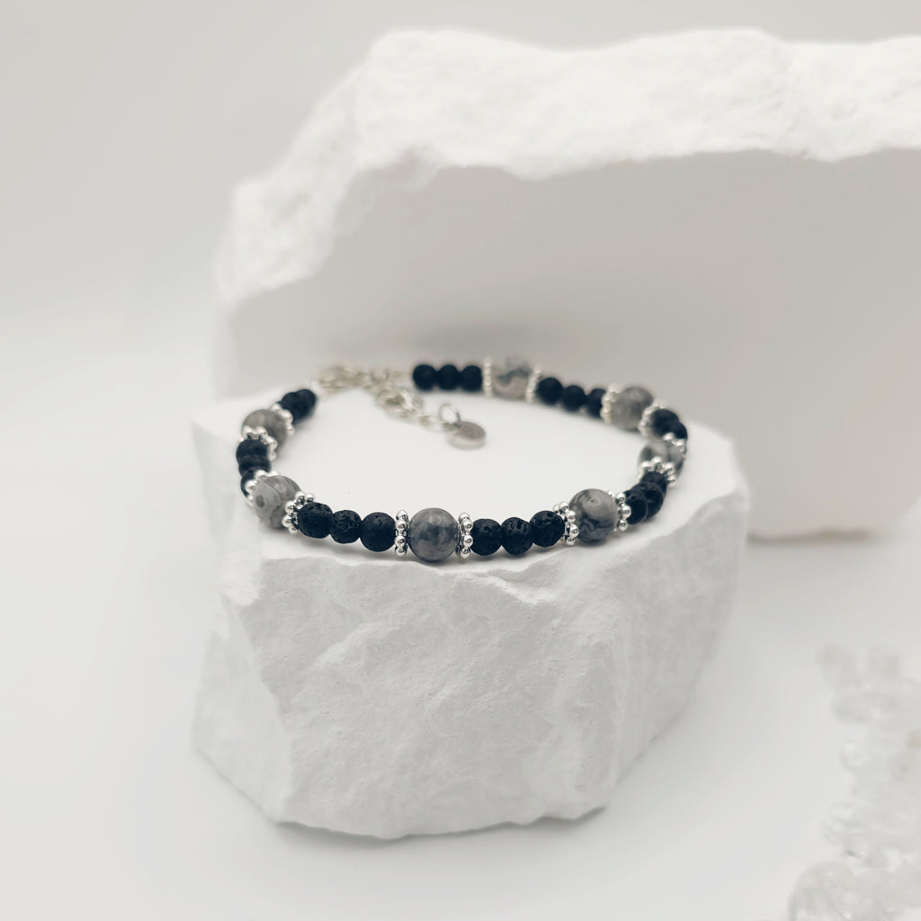 Map Jasper and Volcanic Rock Beaded Bracelet [For Personal Growth]